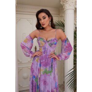 Carmen Lilac Printed Straps, Long Evening Dress with Balloon Sleeves.