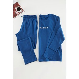 Trendyol Men's Light Navy Blue Printed Regular Fit Knitted Pajamas Set