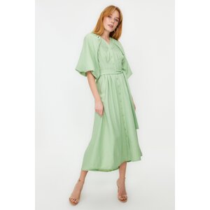 Trendyol Light Green Belted Half Balloon Sleeve Linen Look Woven Shirt Dress