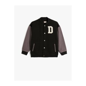 Koton Bomber College Jacket with Snap Buttons and Printed Appliques