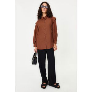 Trendyol Dark Brown Balloon Sleeve Cotton Woven Shirt