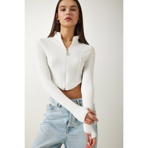 Happiness İstanbul Women's White Zipper Turtleneck Crop Knitted Blouse