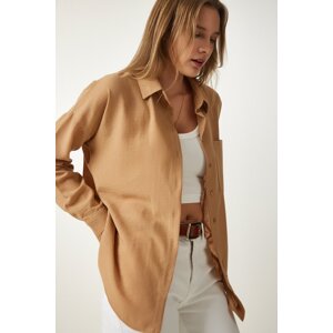 Happiness İstanbul Women's Beige Oversize Linen Ayrobin Shirt