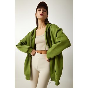 Happiness İstanbul Women's Pistachio Green Hooded Zippered Oversize Sweatshirt