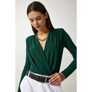 Happiness İstanbul Women's Emerald Green Wrap Collar Snap Fastener Knitted Blouse