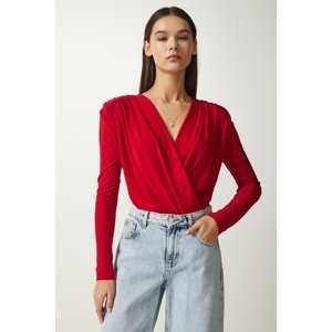 Happiness İstanbul Women's Red Wrap Collar Snap-On Knitted Blouse