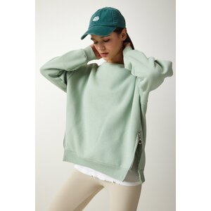 Happiness İstanbul Women's Aqua Green Zipper Detail Raised Knitted Sweatshirt