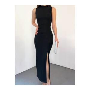 BİKELİFE Women's Black Ottoman Fabric Turtleneck Slit Dress