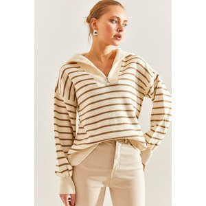 Bianco Lucci Women's Striped Zipper Knitwear Sweater