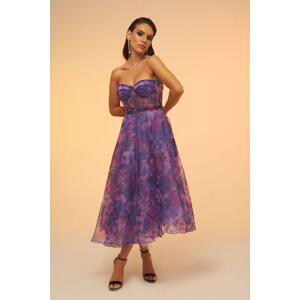 Carmen Purple Impregnated Strapless Midi Evening Dress