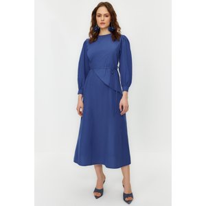 Trendyol Saxe Blue Belted Front Pieced Cotton Woven Dress