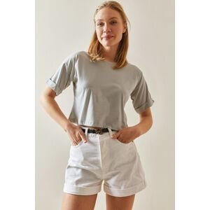 XHAN Gray Crew Neck Oversize Sleeves Tiered Crop T-Shirt 4KXK1-47900-03