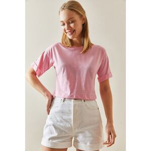 XHAN Pink Crew Neck Oversize Sleeves Tiered Crop T-Shirt 4KXK1-47900-20