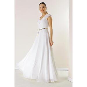 By Saygı Flounce Collar Waist Belt Lined Long Chiffon Dress