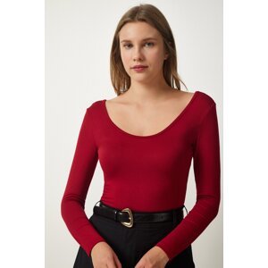 Happiness İstanbul Women's Burgundy Wide U Neck Viscose Knitted Blouse