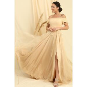 By Saygı Frilly Belted Collar And Sleeves Lined Long Tulle Dress