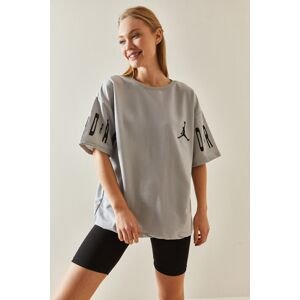 XHAN Gray Crew Neck Text Oversize T-Shirt 4KXK1-47896-03