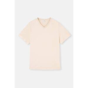 Dagi Ecru V-Neck Interlock Cotton Short Sleeve T-Shirt