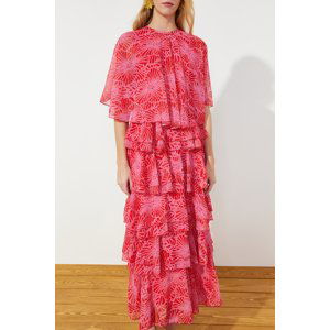 Trendyol Pink Floral Skirt Layered Chiffon Woven Evening Dress