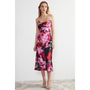 Trendyol Pink-Multicolored Satin Floral Patterned Elegant Evening Dress