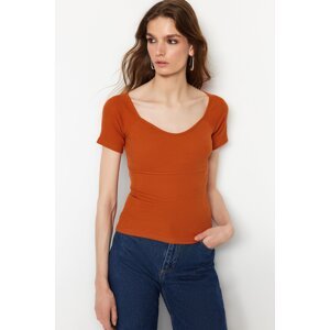 Trendyol Cinnamon Fitted Ribbed Cotton Stretch Knit Blouse