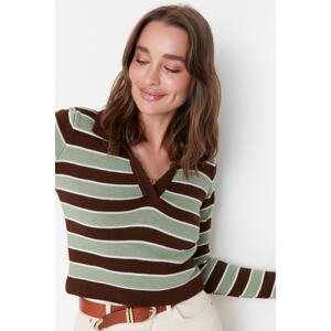 Trendyol Brown Crop Color Block Pletený sveter