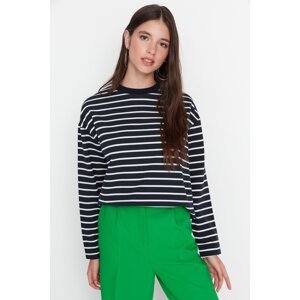 Trendyol Navy Blue Striped Oversize/Wide Cut Crew Neck Slim Knit Sweatshirt