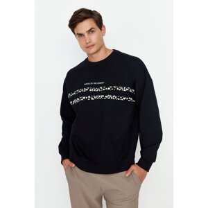 Trendyol Men's Navy Blue Oversize/Wide Fit Crew Neck Text Printed Sweatshirt