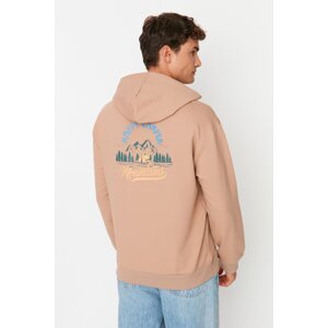 Trendyol Men's Beige Relaxed Hooded Printed Long Sleeve Kangaroo Pocket Sweatshirt