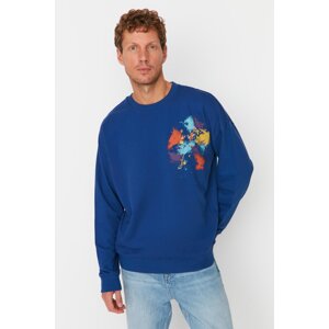 Trendyol Men's Navy Blue Oversize/Wide-Fit Crew Neck Geometric Printed Sweatshirt