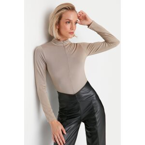 Trendyol Mink Zipper Standing Collar Long Sleeved Flexible Knitted Bodysuit