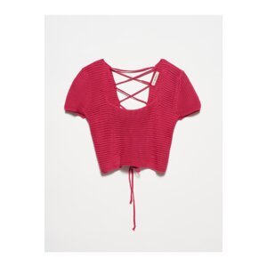 Dilvin Fuchsia Square Neck Laced Back Short Sleeve Sweater