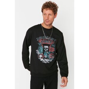 Trendyol Men's Black Oversize/Wide-Fit Crew Neck Rock Theme Sweatshirt