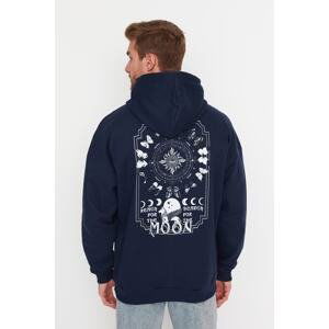 Trendyol Men's Navy Blue Oversize/Wide-Fit Hooded Space Printed Fleece Cotton Sweatshirt