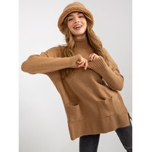 Camel long oversize sweater with pockets and turtleneck