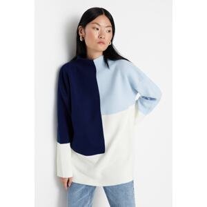 Trendyol Blue Color Blocked High Collar Knitwear Sweater