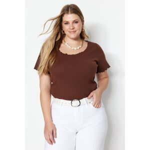 Trendyol Curve Brown Ribbed U Neck Knitted T-Shirt