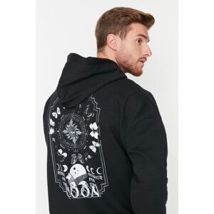 Trendyol Men's Black Oversize/Wide-Fit Hooded Space Printed Fleece Cotton Sweatshirt