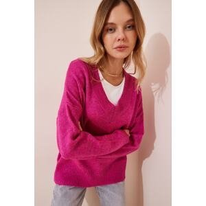 Happiness İstanbul Women's Pink V-Neck Oversize Knitwear Sweater