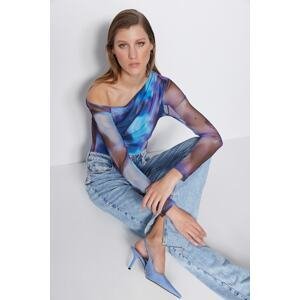 Trendyol Blue Patterned Tulle Transparent Back Fitted Flexible Snap Fasten Knitted Body