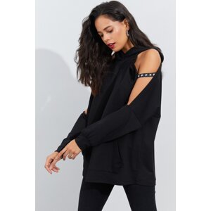 Cool & Sexy Women's Black Open Sleeve Hooded Sweatshirt Yi2356