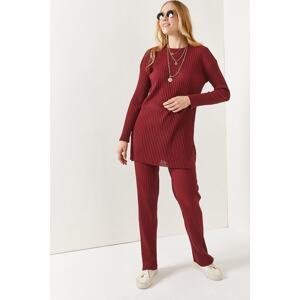 Olalook Women's Claret Red Top Slit Blouse Bottom Palazzo Corduroy Suit