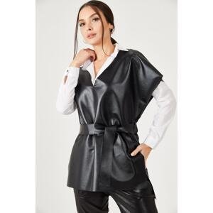 armonika Women's Black V-Neck Leather Look Short Front Long Back Long Belted Blouse