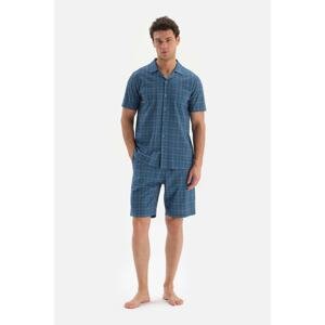 Dagi Indigo Shirt Collar Checkered Knitted Pajamas Set