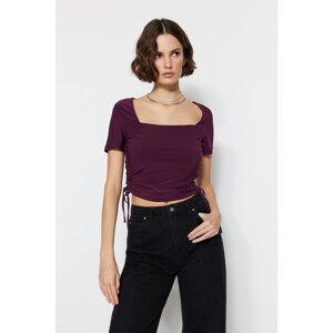 Trendyol Plum Square Collar, Shirring Detailed Fitted/Situated Crop, Elastic Knitted Blouse