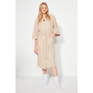 Trendyol Stone Belted Cotton Textured Knitted Dressing Gown