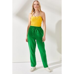 Olalook Dámske trávnaté zelené mušelínové nohavice s elastickým pásom a pásom