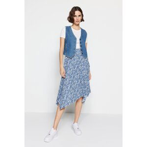 Trendyol Indigo Patterned Ruffle Asymmetrical High Waist Midi Stretch Knit Skirt