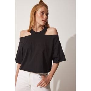 Happiness İstanbul Women's Black Cut Out Detail Cotton Crop T-Shirt