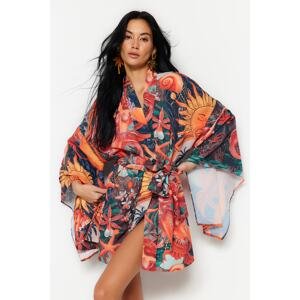 Trendyol Tropical Patterned Belted Mini Woven Kimono & Caftan